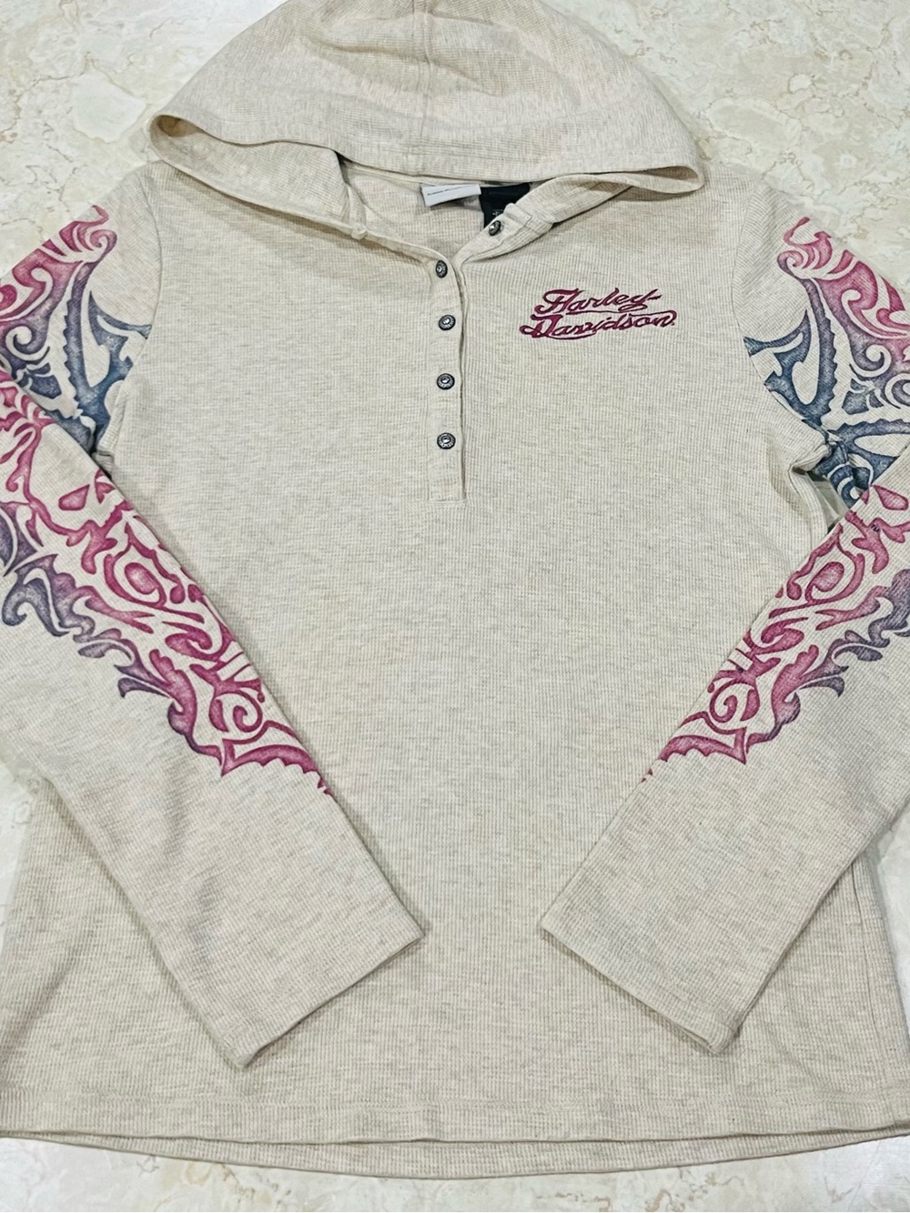Harley-Davidson Cream Hooded Thermal Top with Pink & Purple Sleeve Art